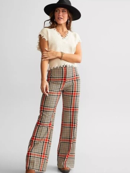 Free People Pants - Free People Plaid Wide-Leg Trousers in Red & Cream